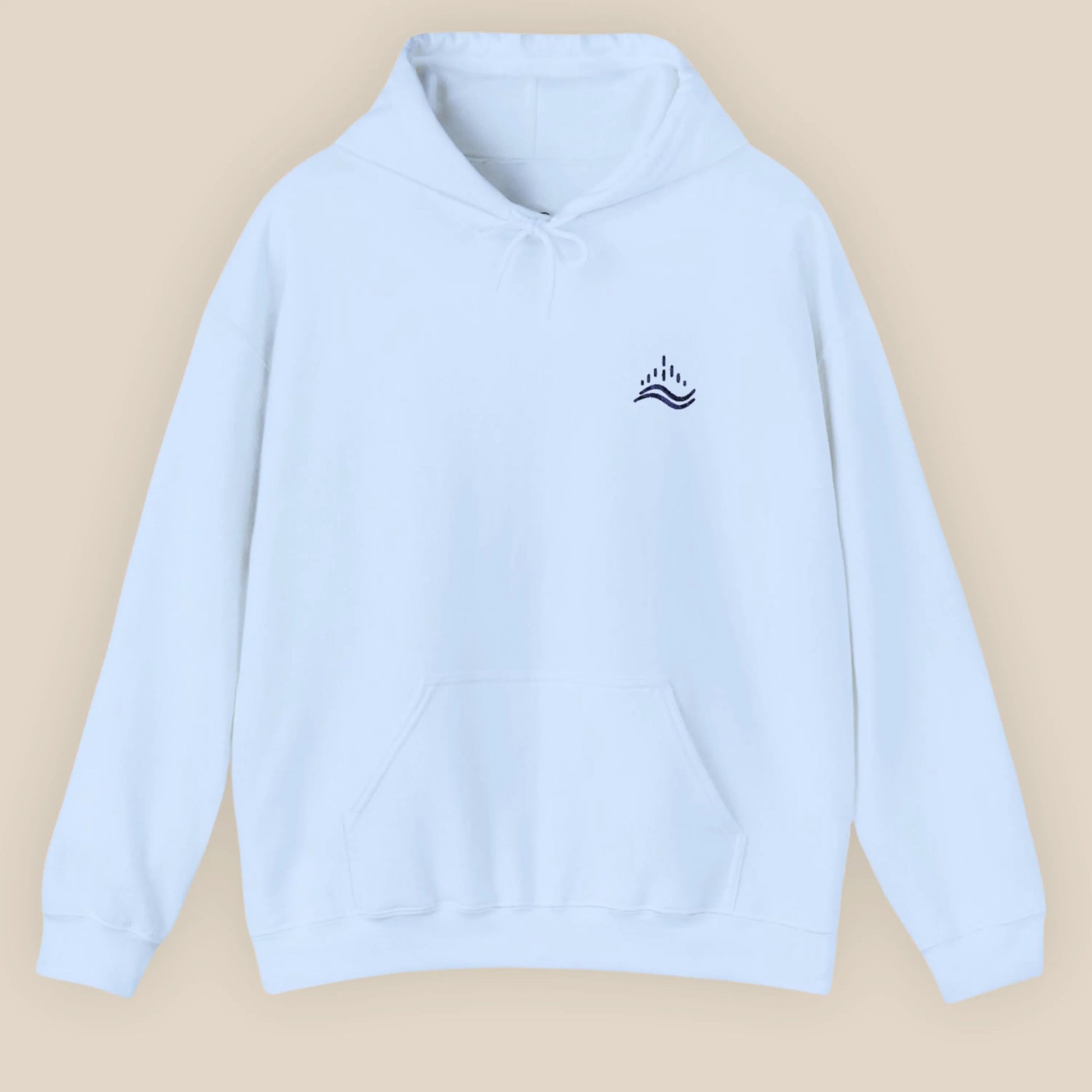 Light blue unisex hoodie with small navy waves emblem embroidered on the left chest, photographed front view in a beige background