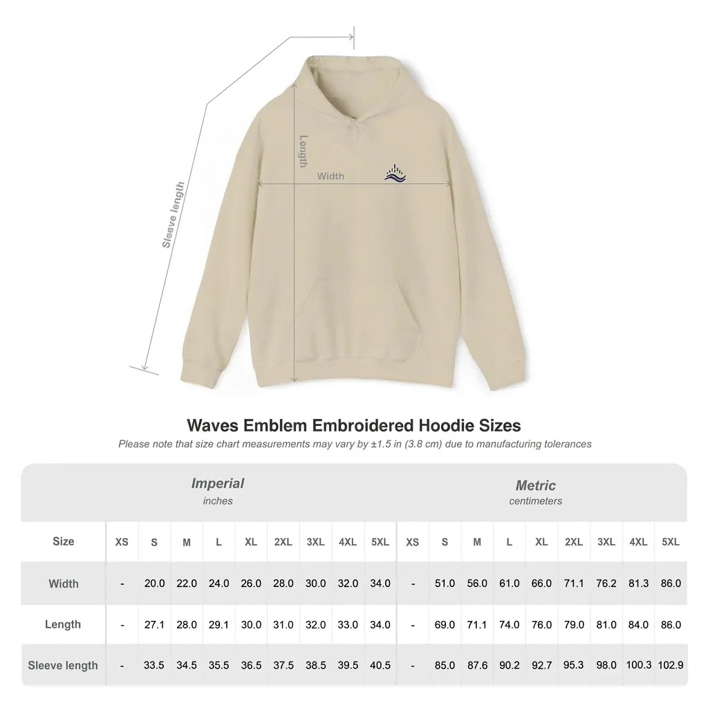 Size chart of Sand unisex hoodie with small navy waves emblem embroidered on the left chest