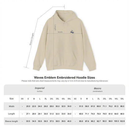 Size chart of Sand unisex hoodie with small navy waves emblem embroidered on the left chest