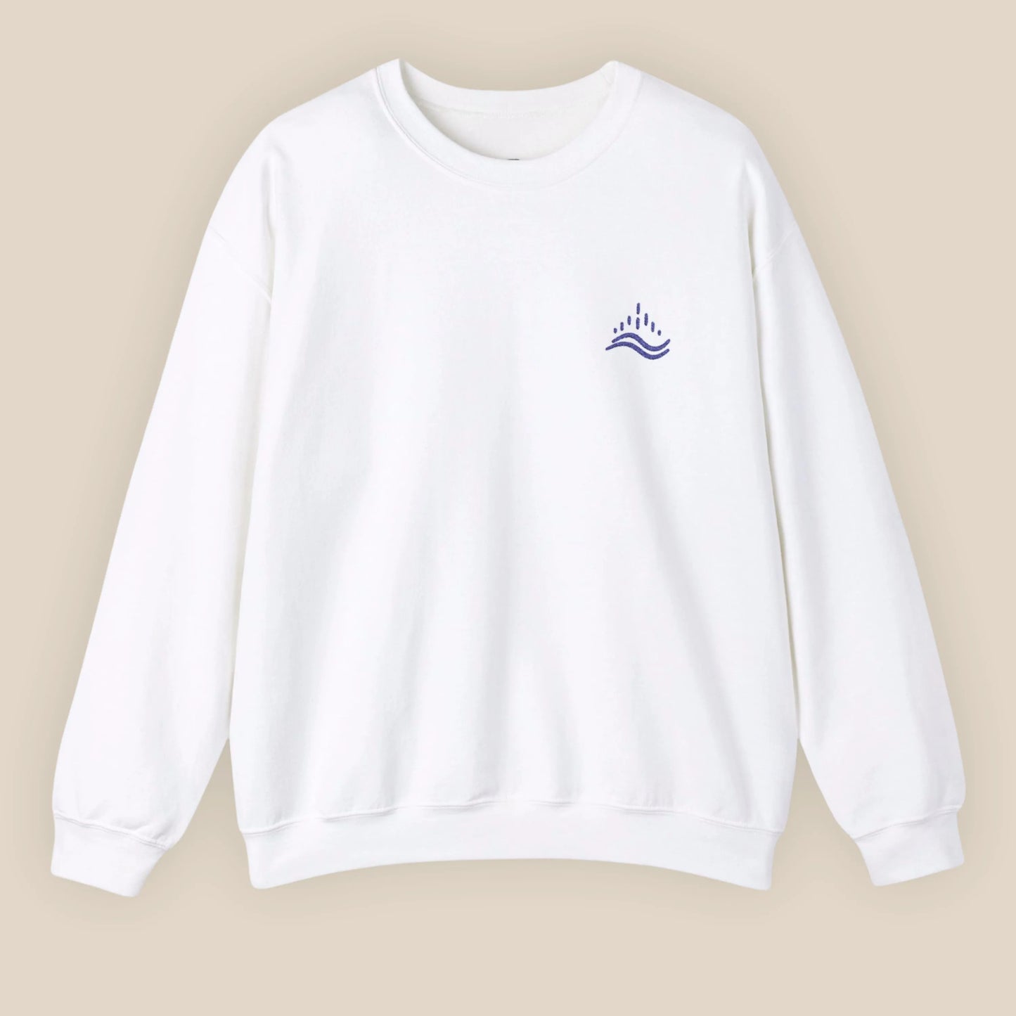 White unisex sweatshirt with navy waves emblem embroidered on the left chest, photographed flat in a neutral studio.