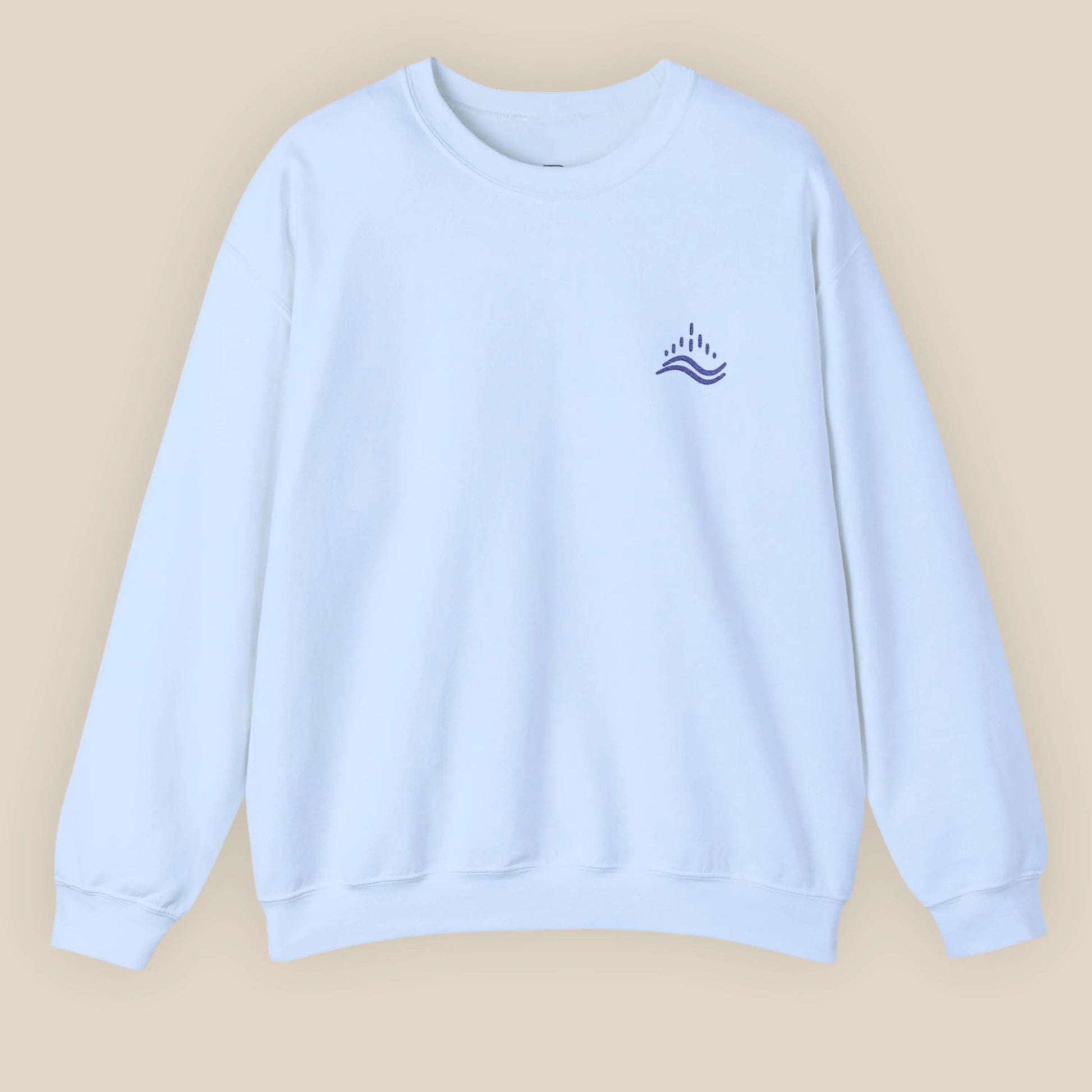 Light blue unisex sweatshirt with navy waves emblem embroidered on the left chest, photographed flat in a neutral studio.