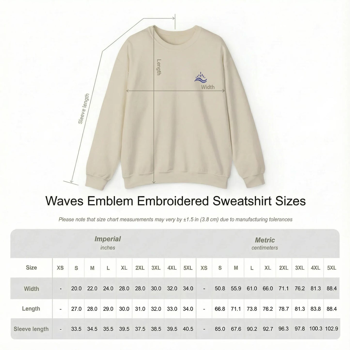 Size chart of unisex sweatshirt with navy waves emblem embroidered on the left chest