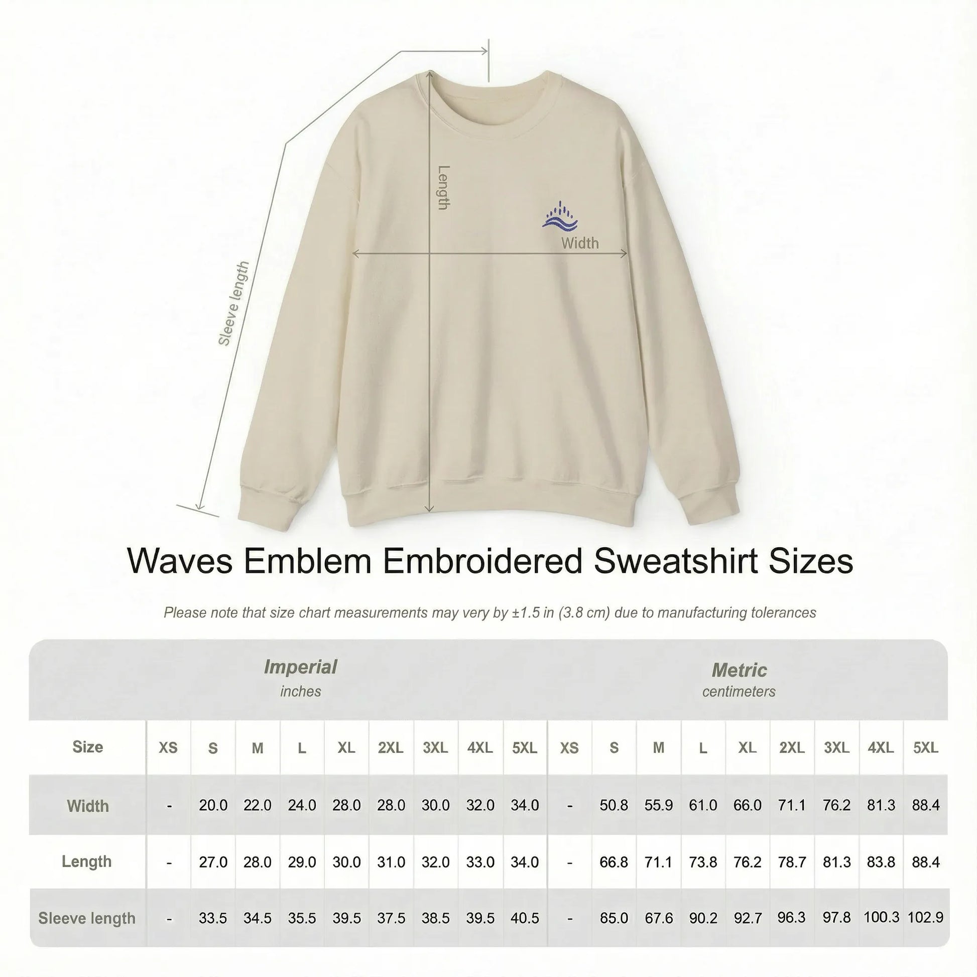 Size chart of unisex sweatshirt with navy waves emblem embroidered on the left chest