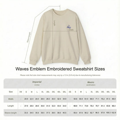 Size chart of unisex sweatshirt with navy waves emblem embroidered on the left chest