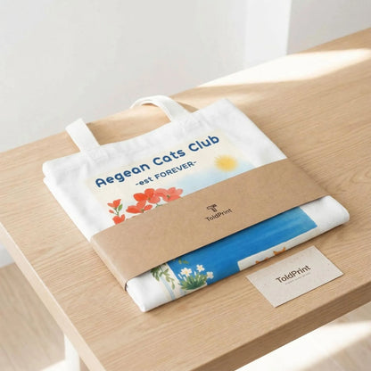 Folded Aegean Cats Club tote bag with ToldPrint Mediterranean packaging