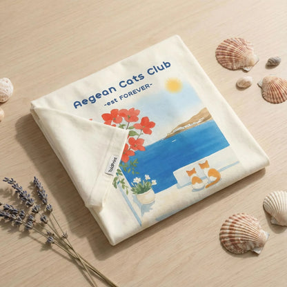 Folded Aegean Cats Club t-shirt with ToldPrint minimalist packaging