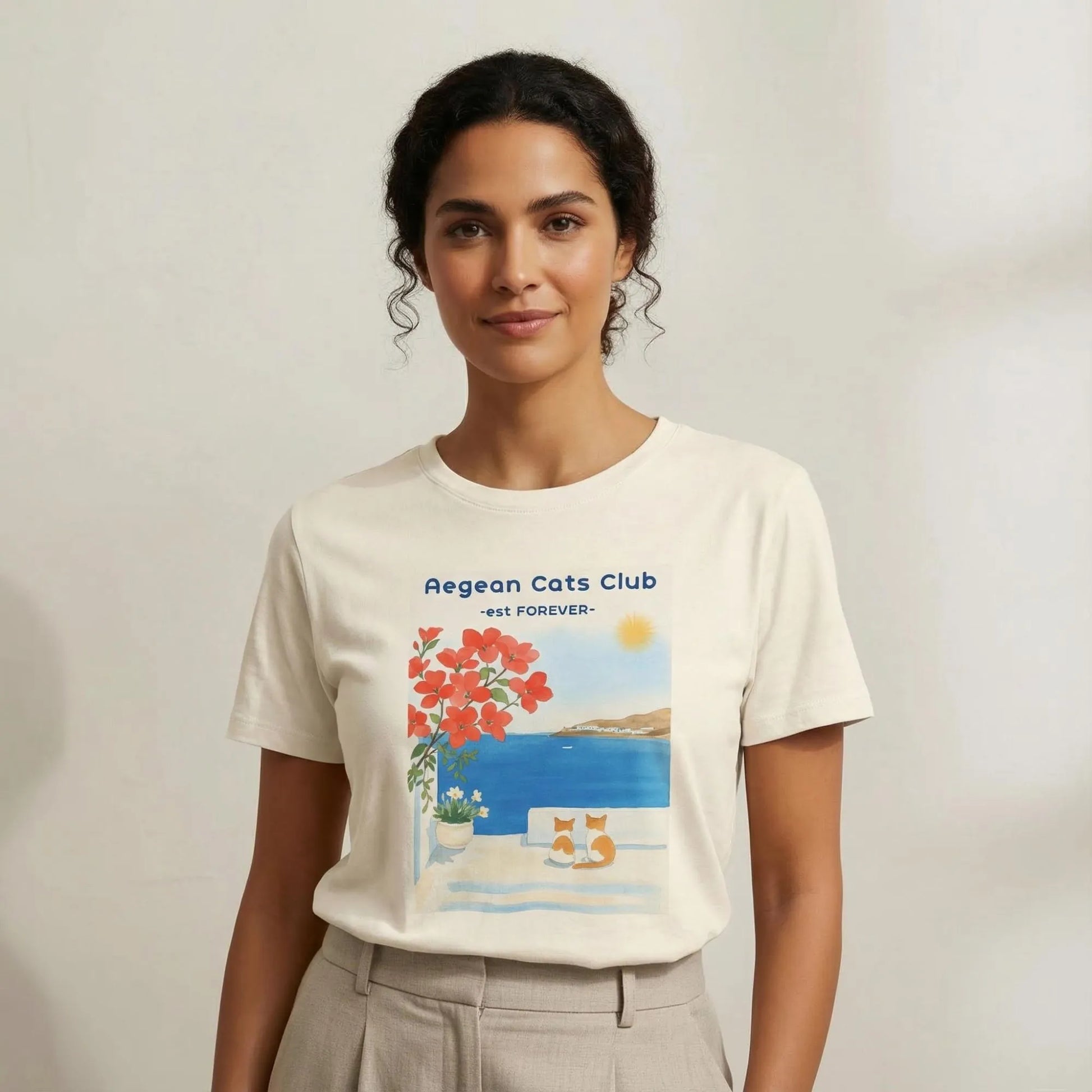 TP:HERO Model wearing Aegean Cats Club cat lover t-shirt by ToldPrint