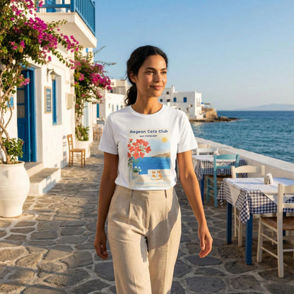Model wearing Aegean Cats Club t-shirt walking by a Mediterranean seaside café
