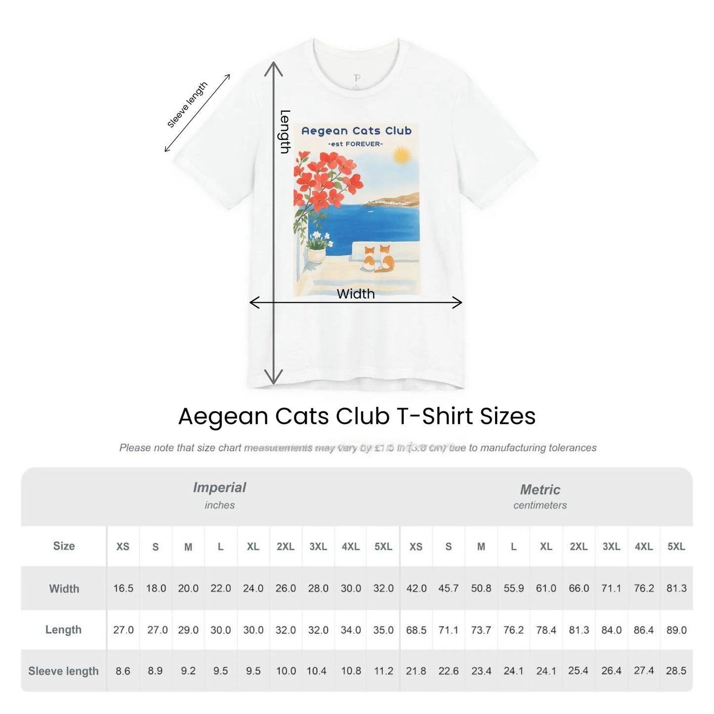 Size guide chart for Aegean Cats Club unisex t-shirt by ToldPrint