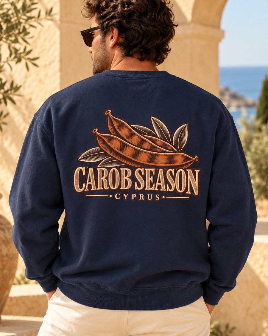 Carob Season True Navy sweatshirt back on model card image