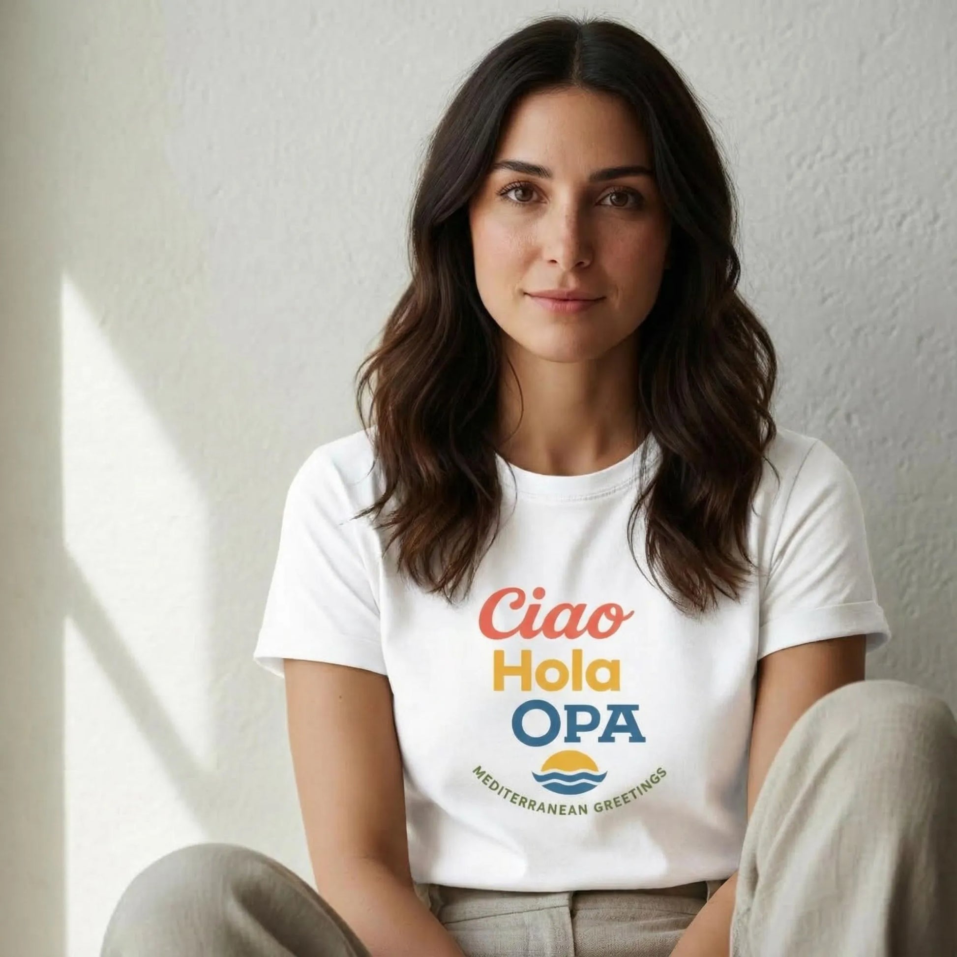 TP:HERO Model wearing Ciao Hola OPA Mediterranean greeting t-shirt by ToldPrint