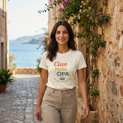 Ciao Hola OPA greeting t-shirt worn by model walking in a Mediterranean alley
