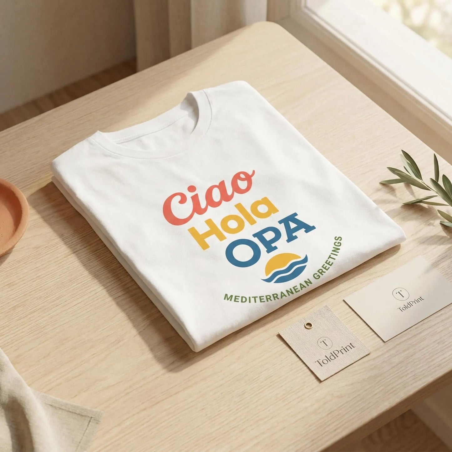 Folded Ciao Hola OPA t-shirt with ToldPrint Mediterranean Calm packaging