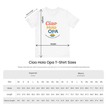 Size guide chart for Ciao Hola OPA unisex t-shirt by ToldPrint