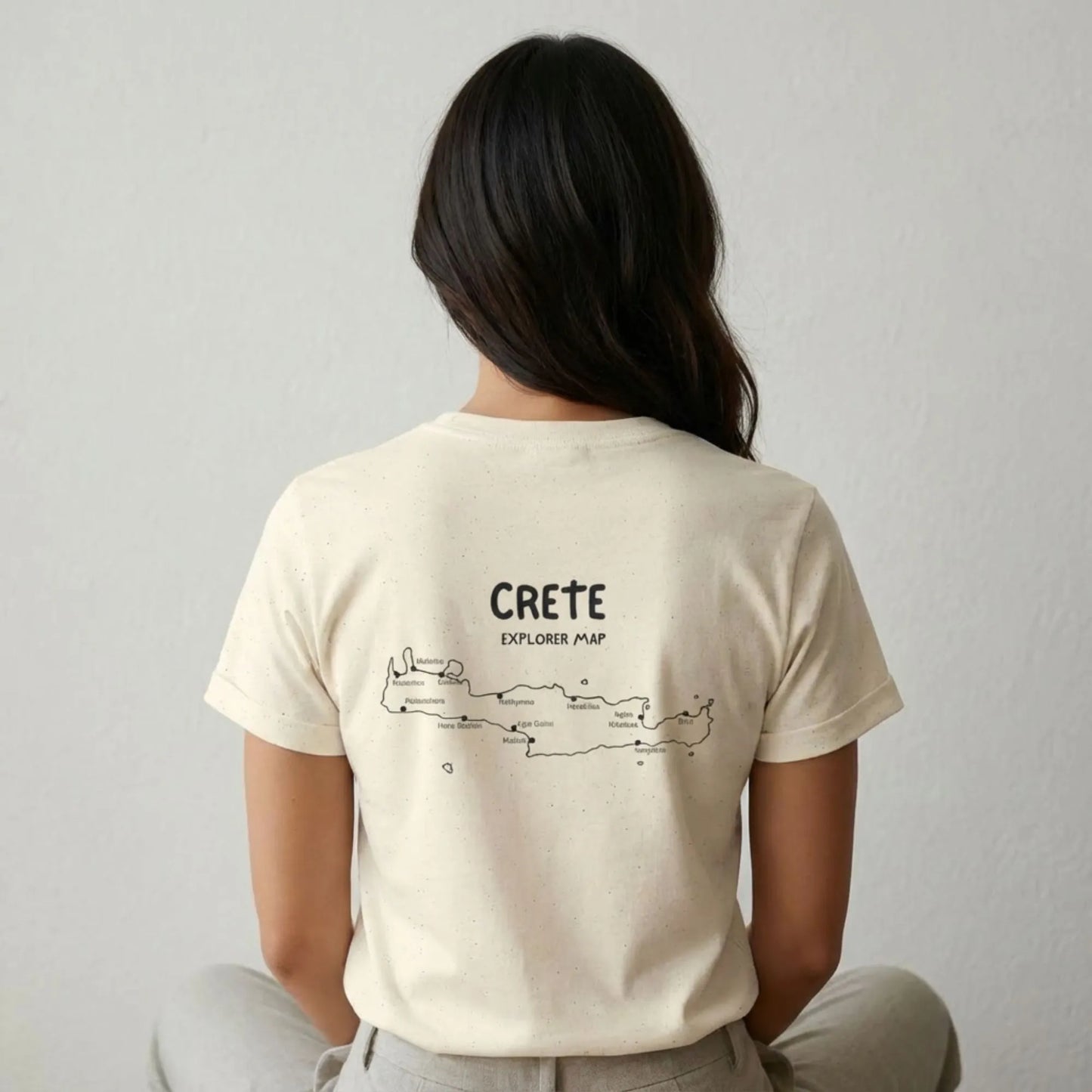 Back view of Explore Crete unisex t-shirt showing relaxed Mediterranean fit