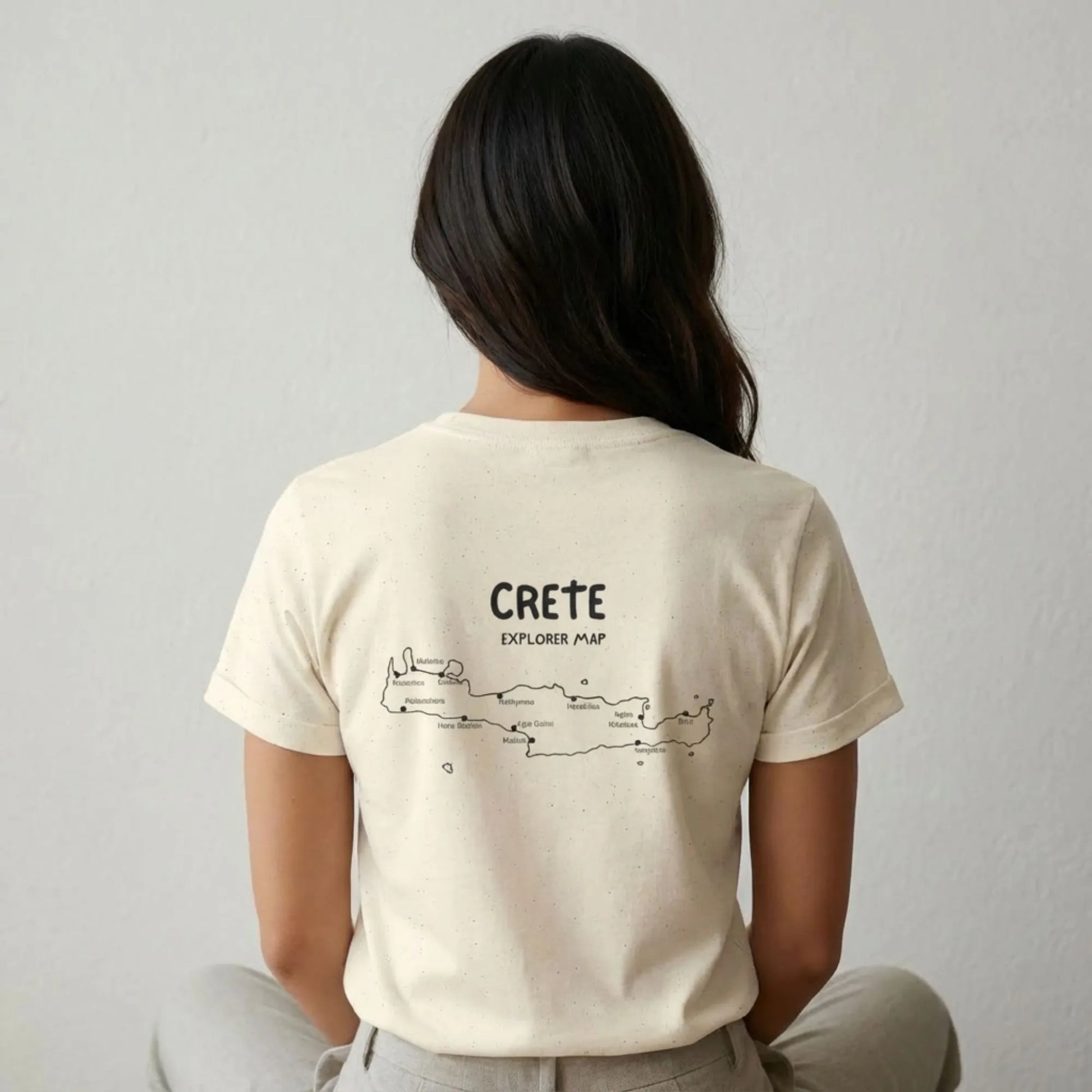 Back view of Explore Crete unisex t-shirt showing relaxed Mediterranean fit