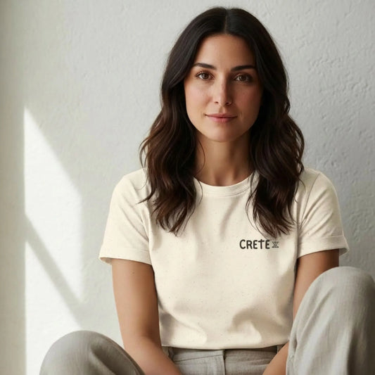 TP:HERO Model wearing Explore Crete Greek island travel t-shirt by ToldPrint