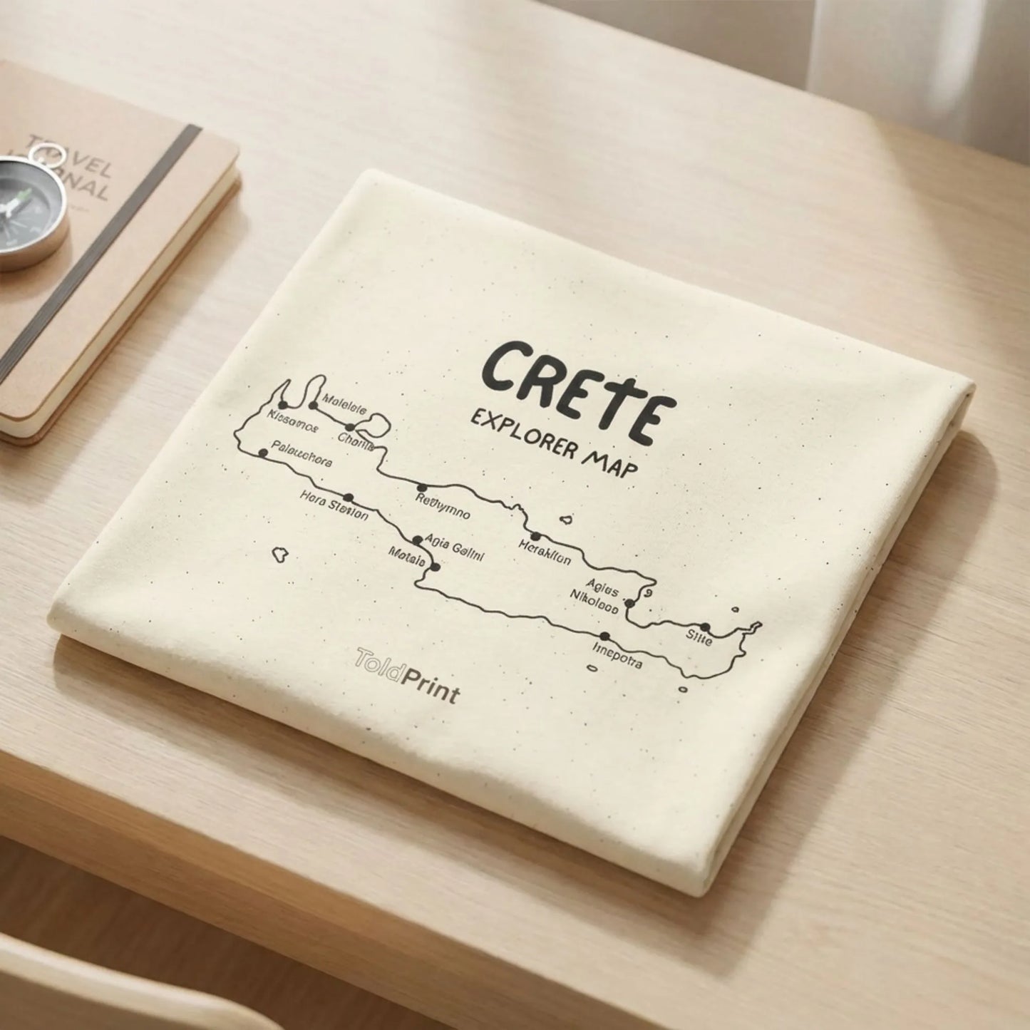 Folded Explore Crete t-shirt with ToldPrint Mediterranean Calm branding
