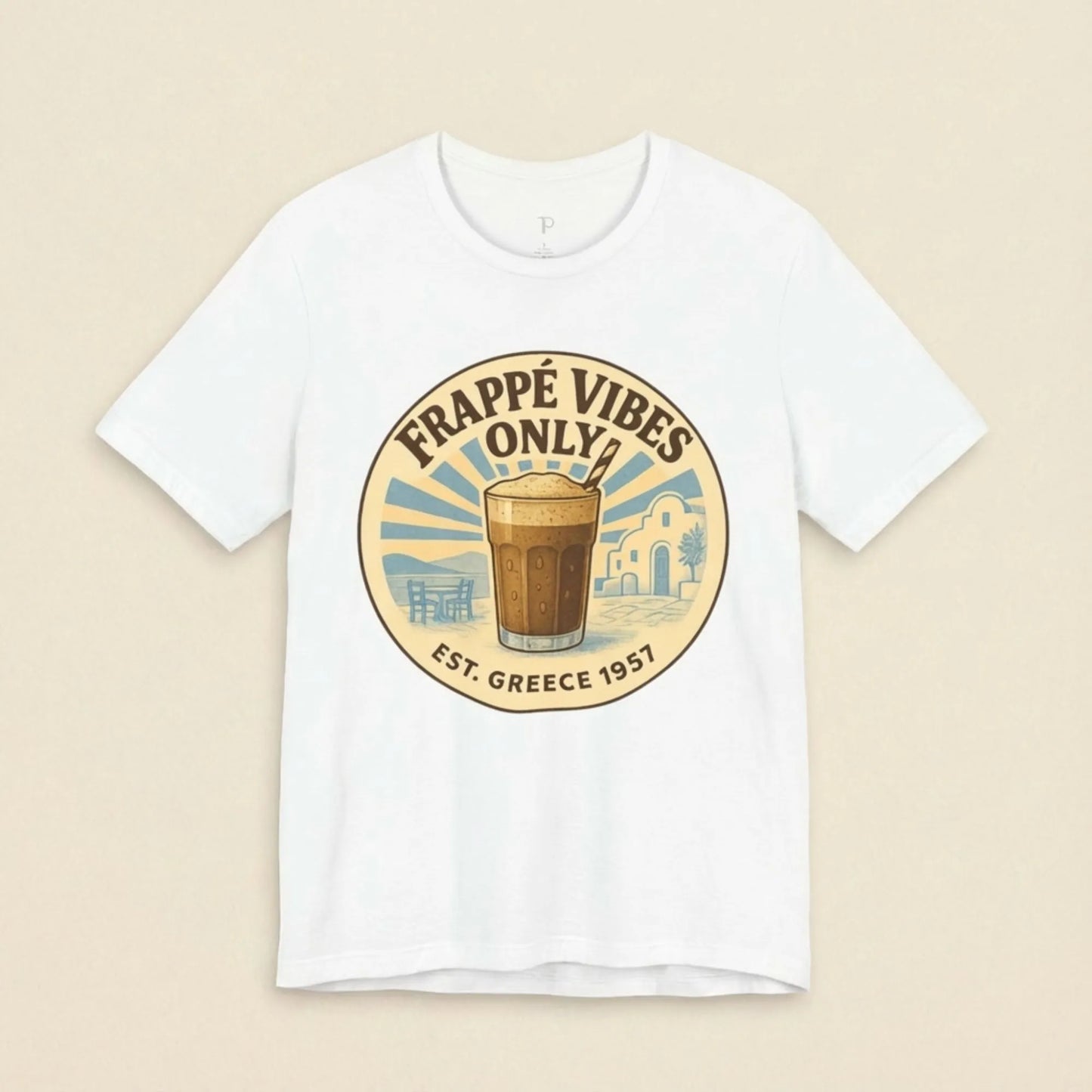 Flat lay of Frappé Vibes Only Greek coffee unisex t-shirt by ToldPrint