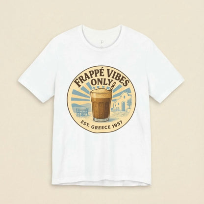 Flat lay of Frappé Vibes Only Greek coffee unisex t-shirt by ToldPrint