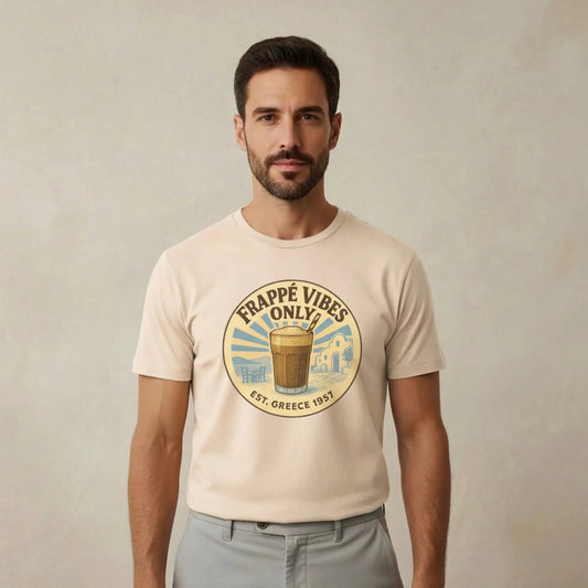 TP:HERO Model wearing Frappé Vibes Only Greek coffee t-shirt by ToldPrint in a calm Mediterranean studio setting