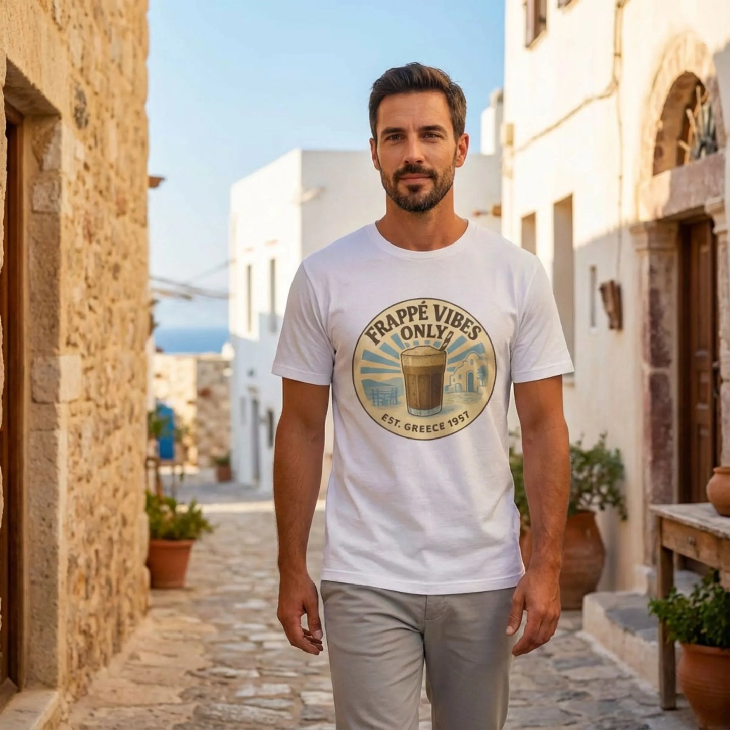 Frappé Vibes Only Greek coffee t-shirt styled on a model walking in a Mediterranean street