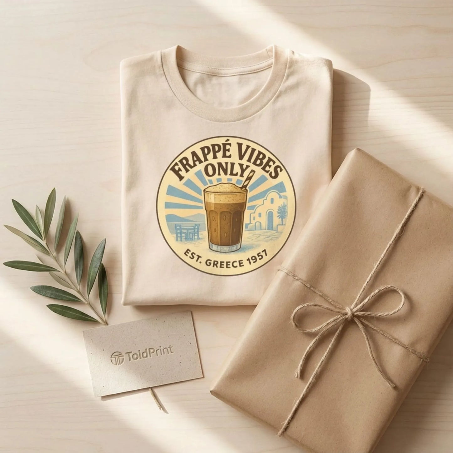 Folded Frappé Vibes Only t-shirt with ToldPrint minimalist Mediterranean packaging