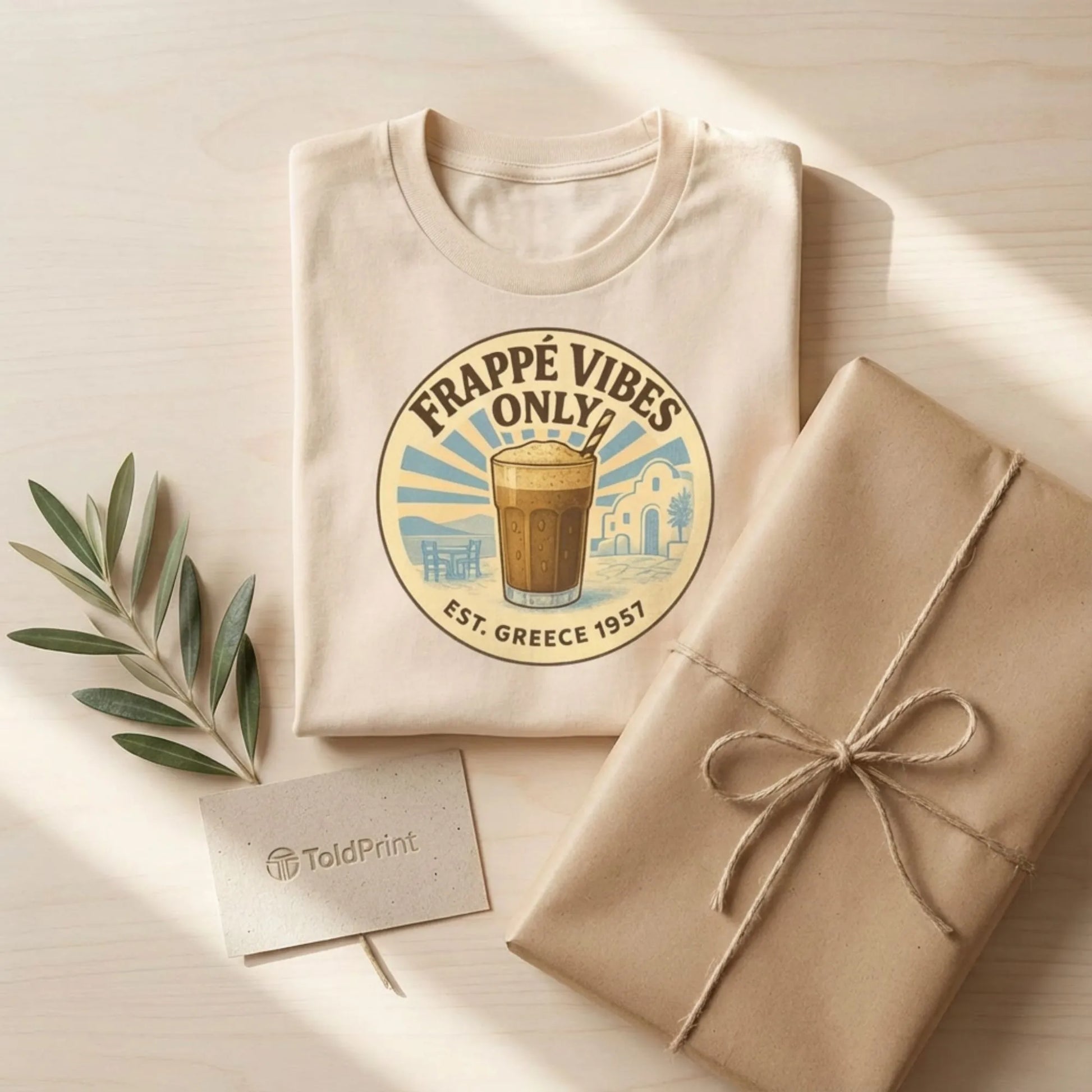 Folded Frappé Vibes Only t-shirt with ToldPrint minimalist Mediterranean packaging