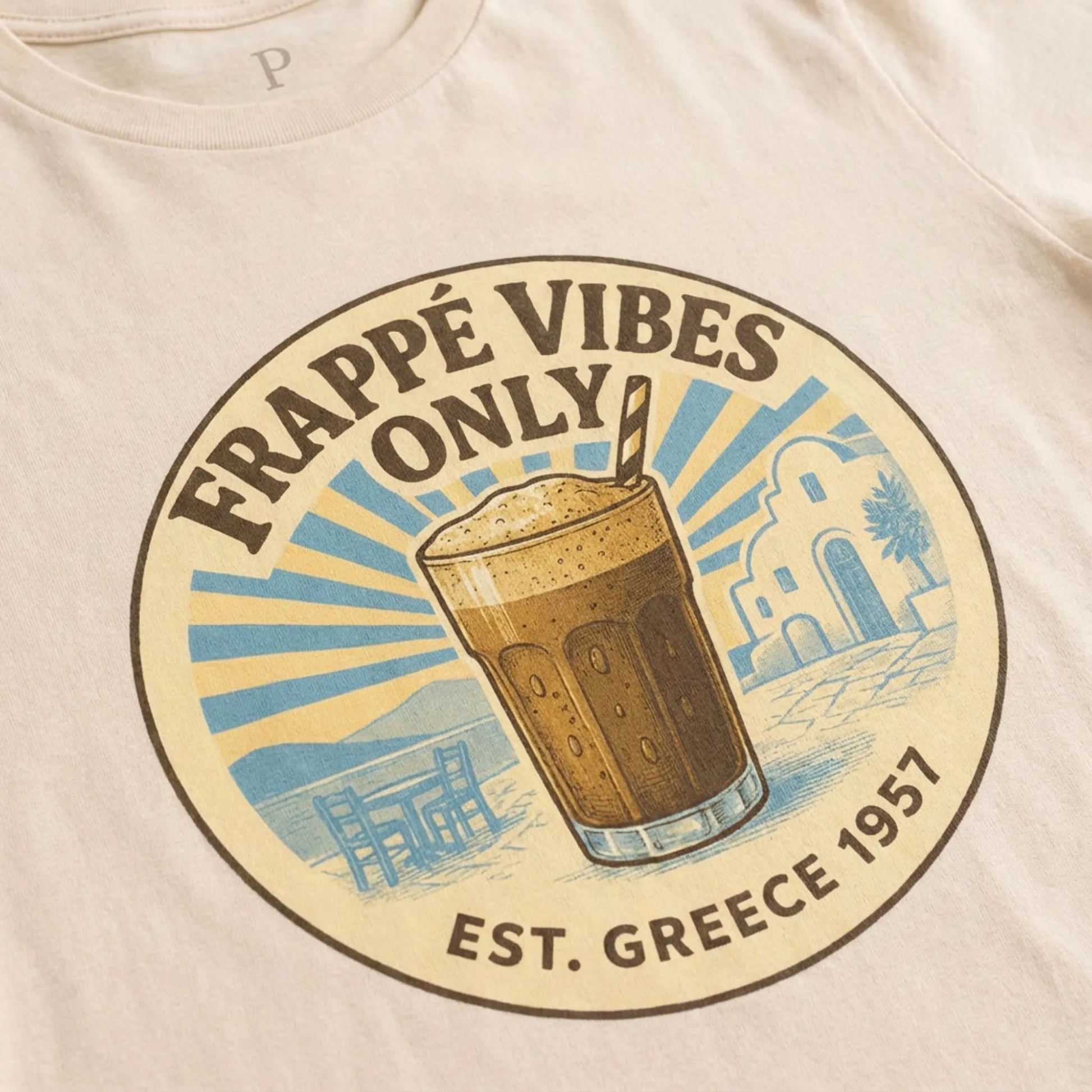 Close-up of Frappé Vibes Only Greek coffee print on unisex t-shirt