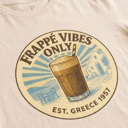 Close-up of Frappé Vibes Only Greek coffee print on unisex t-shirt
