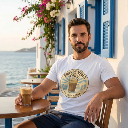 Model wearing Frappé Vibes Only Greek coffee t-shirt at a Mediterranean seaside café