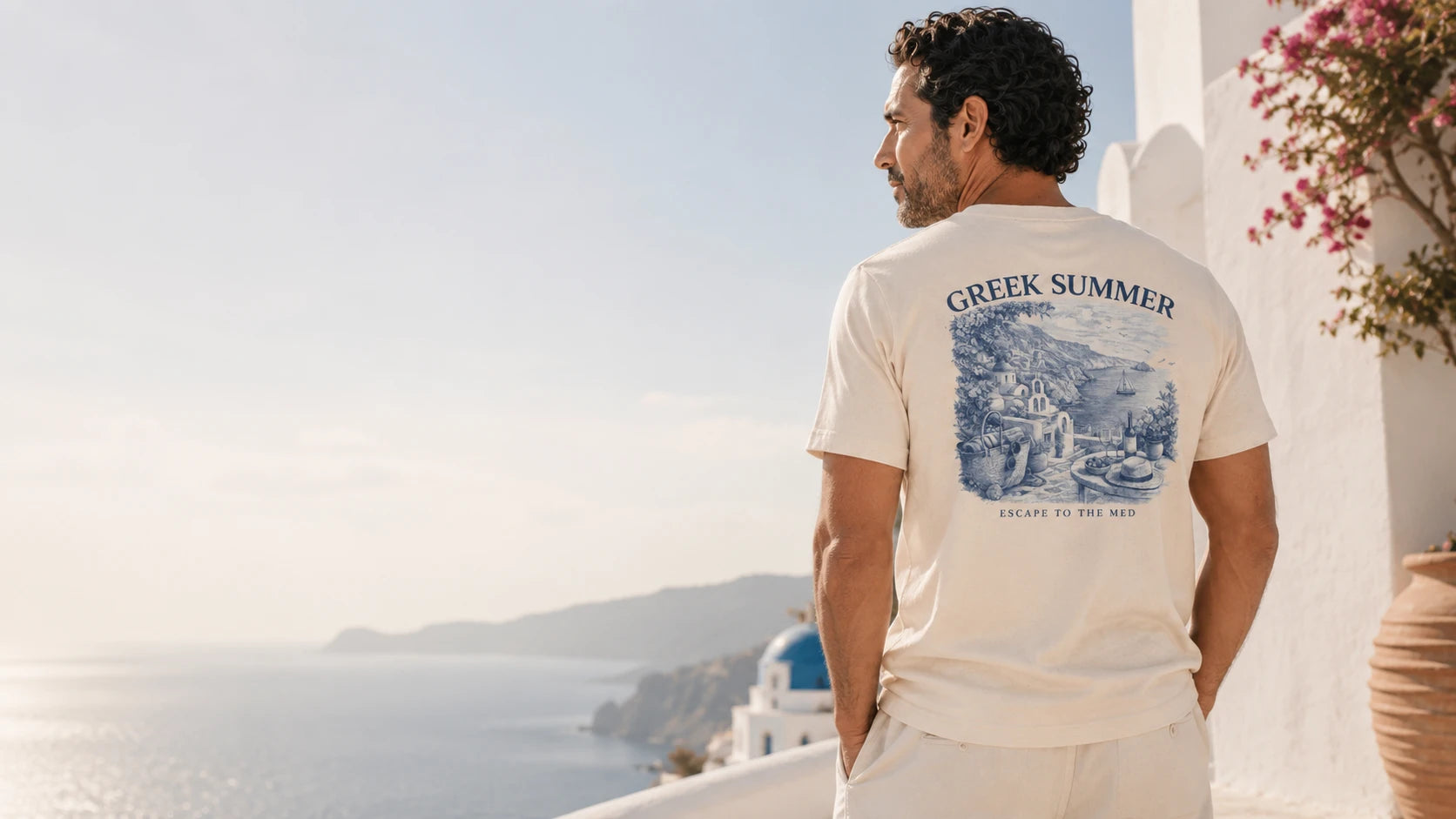 Model wearing the ToldPrint Greek Summer T-Shirt in a Greek seaside setting
