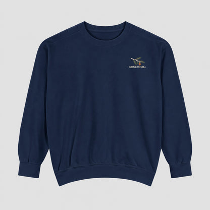 True Navy Grove to Mill Comfort Colors 1566 sweatshirt flat lay, front view with the small olive-branch Grove to Mill left-chest print.