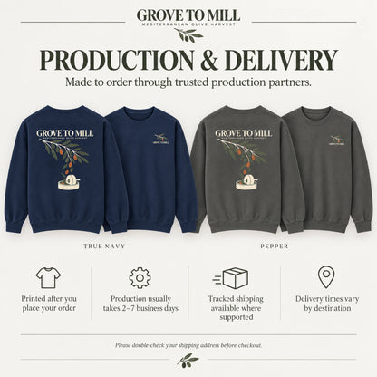 Grove to Mill Production and Delivery guide showing True Navy and Pepper sweatshirt views with made-to-order, production and tracked-delivery information.