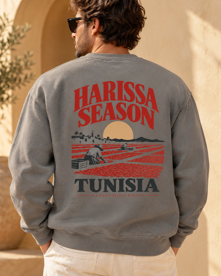 Harissa Season Grey sweatshirt back on male model card image