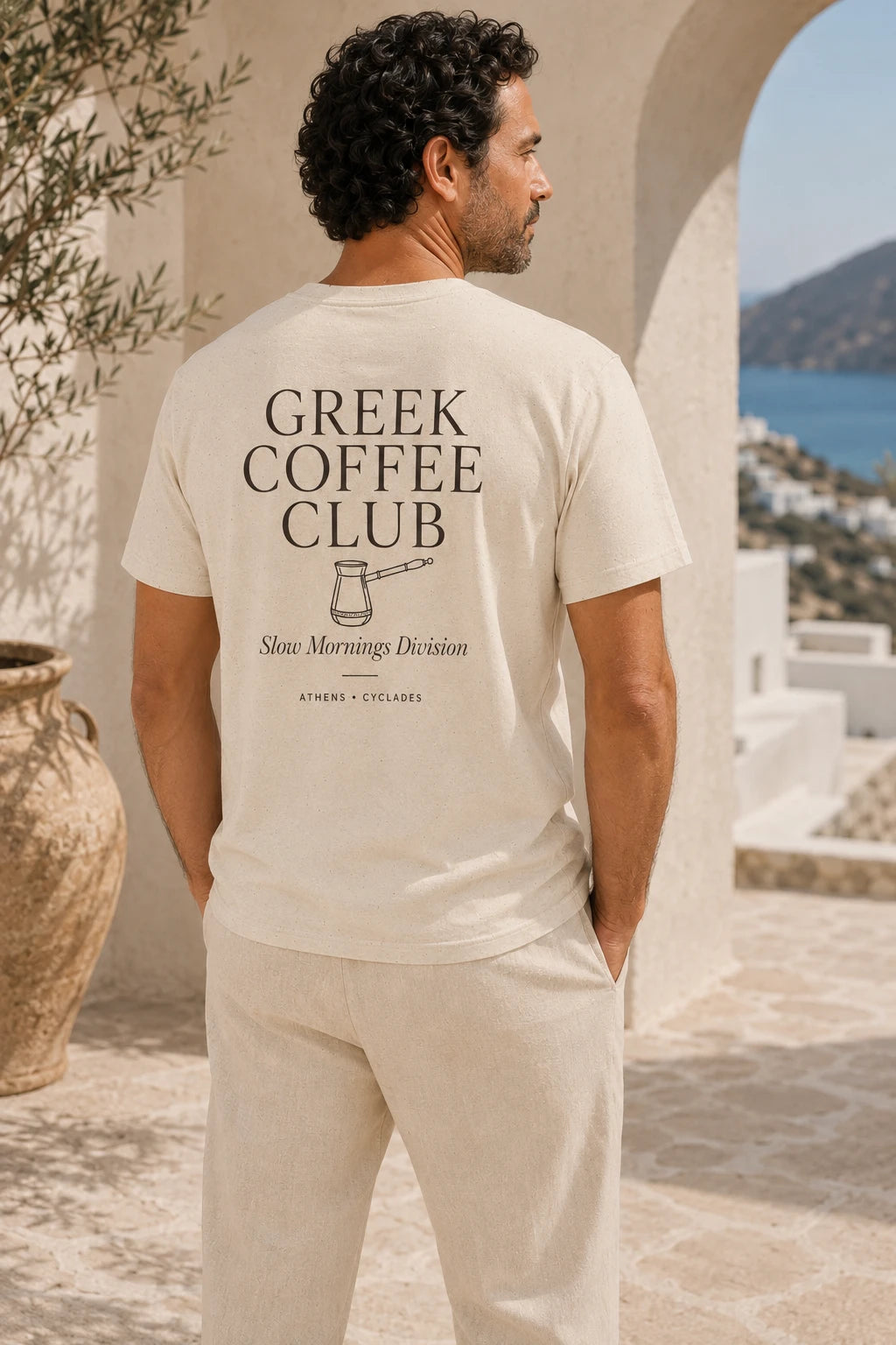 Model wearing one of ToldPrint's best-selling Mediterranean graphic T-shirts