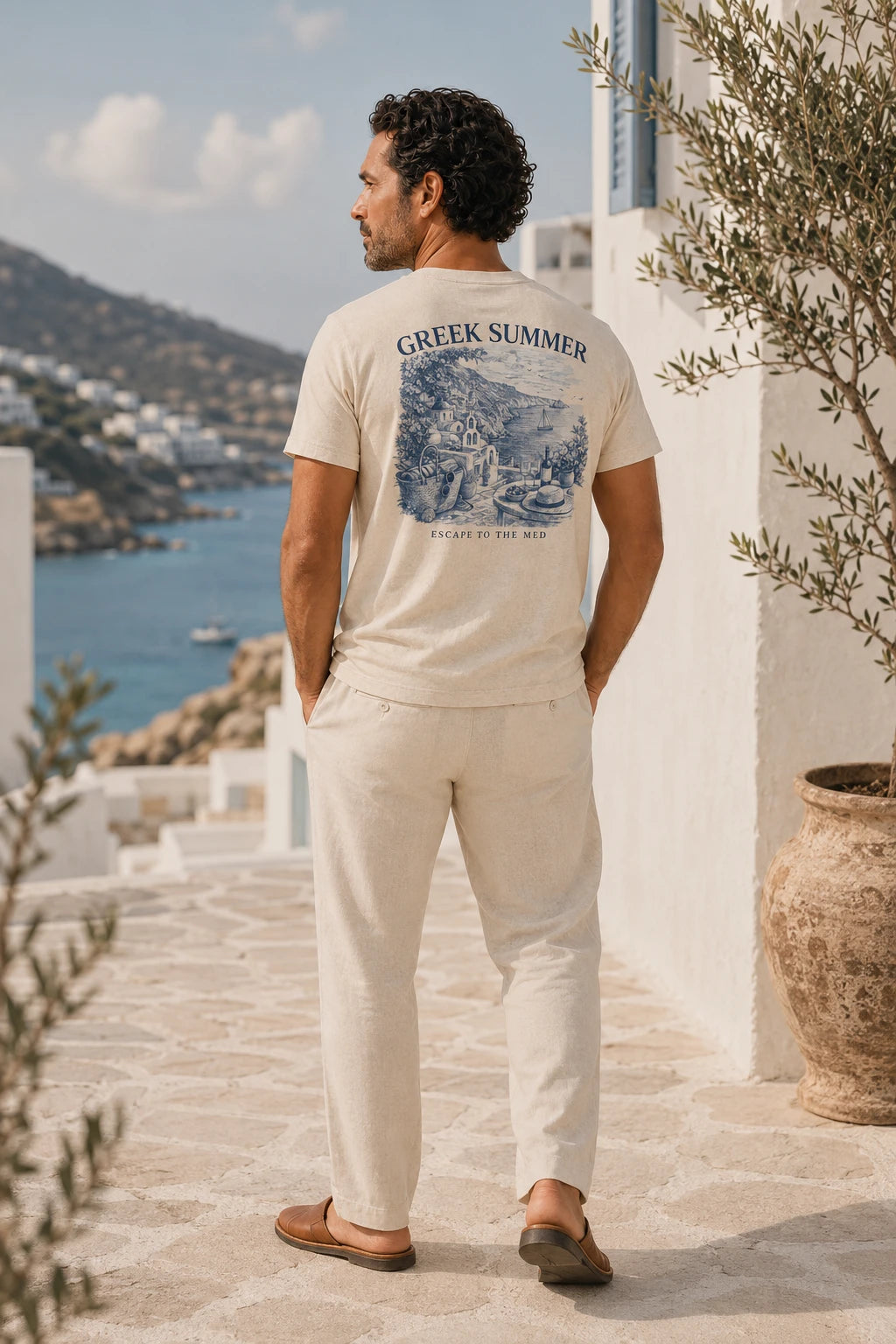 Model wearing the ToldPrint Greek Summer back-print T-shirt in a Mediterranean coastal setting