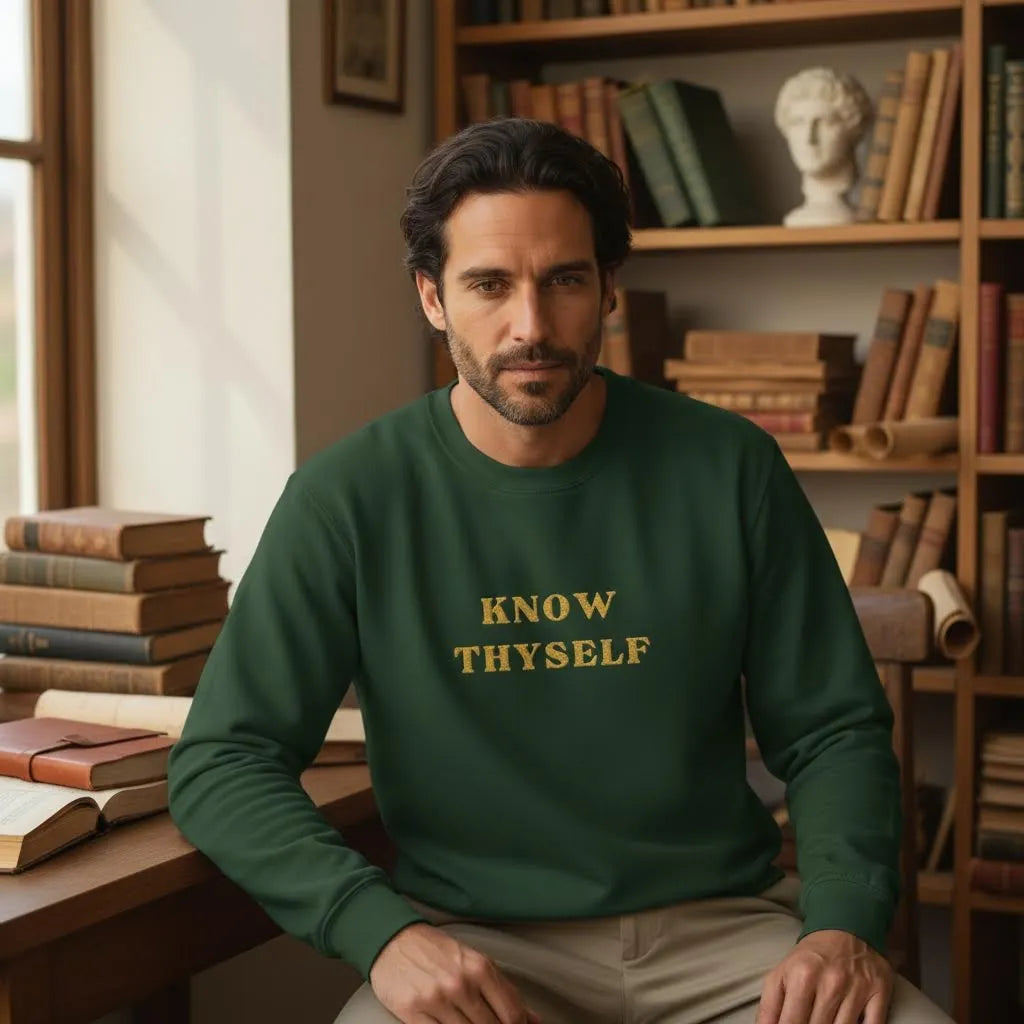Know Thyself embroidered sweatshirt styled in a calm indoor reading and study setting