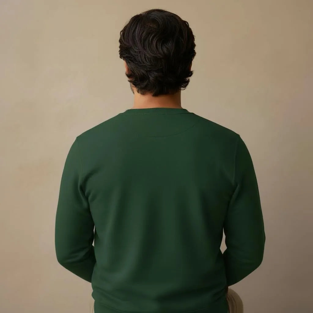 Back view of Know Thyself unisex embroidered crewneck sweatshirt showing relaxed fit and shoulders