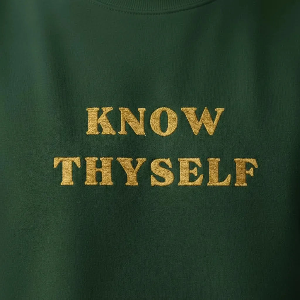 Close-up of Know Thyself gold embroidery on forest green fleece sweatshirt fabric