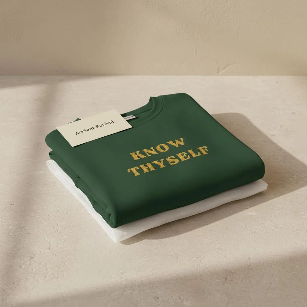 Folded Know Thyself Ancient Revival embroidered sweatshirt with minimalist ToldPrint packaging