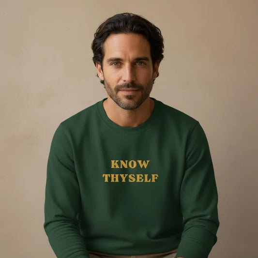 TP:HERO Model wearing Know Thyself Ancient Revival embroidered unisex sweatshirt in forest green by ToldPrint