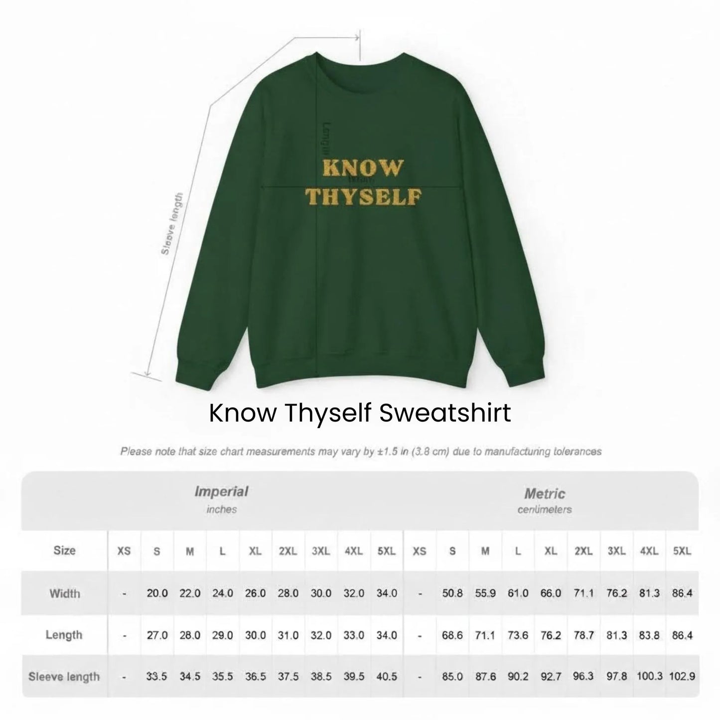 Size guide graphic for Know Thyself unisex Gildan 18000 embroidered sweatshirt with chest and length measurements