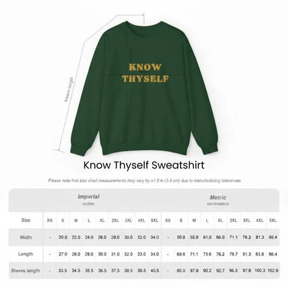 Size guide graphic for Know Thyself unisex Gildan 18000 embroidered sweatshirt with chest and length measurements