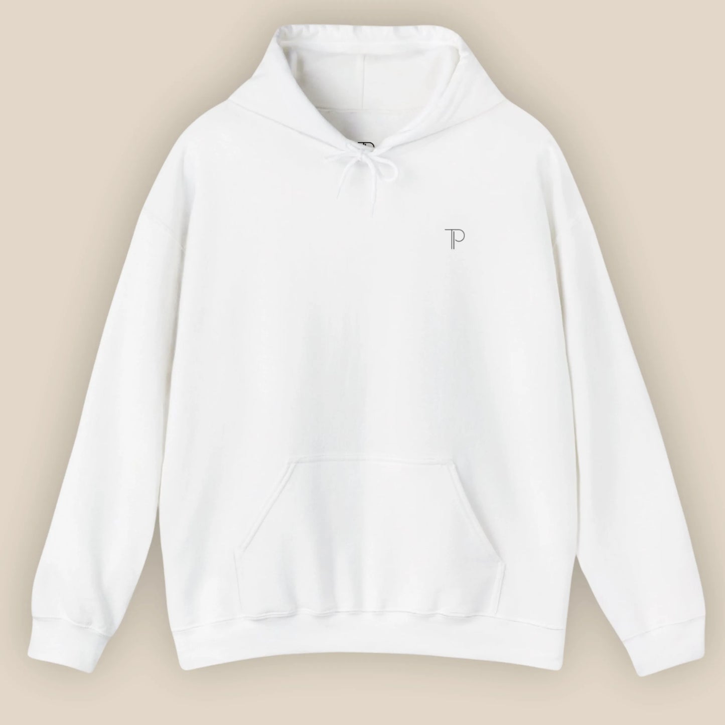 Flat lay of Know Thyself DTG printed hoodie in white showing the main chest design