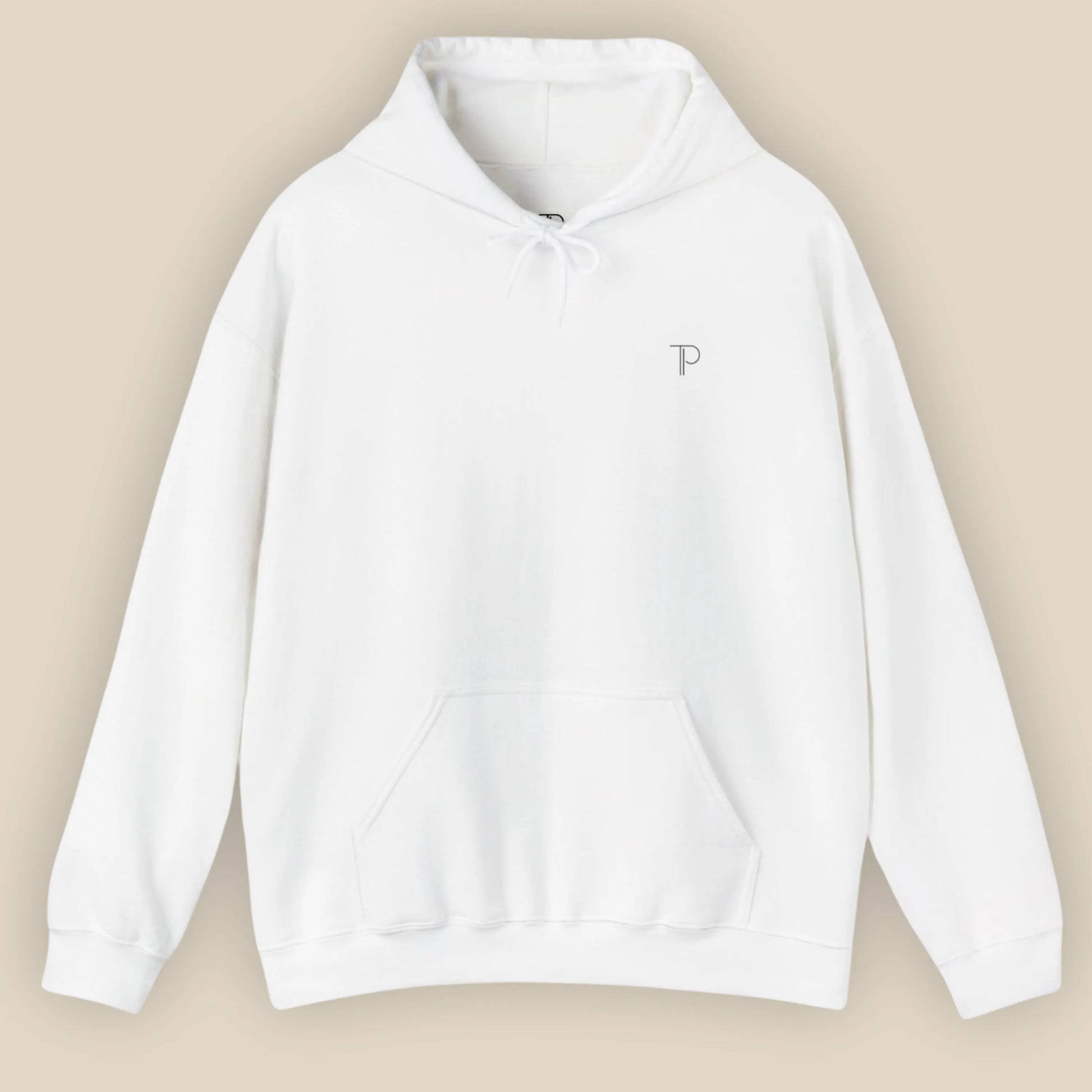 Flat lay of Know Thyself DTG printed hoodie in white showing the main chest design