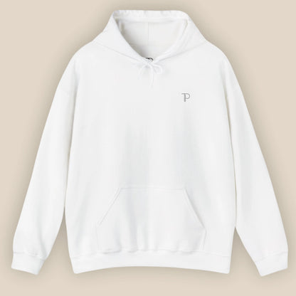 Flat lay of Know Thyself DTG printed hoodie in white showing the main chest design