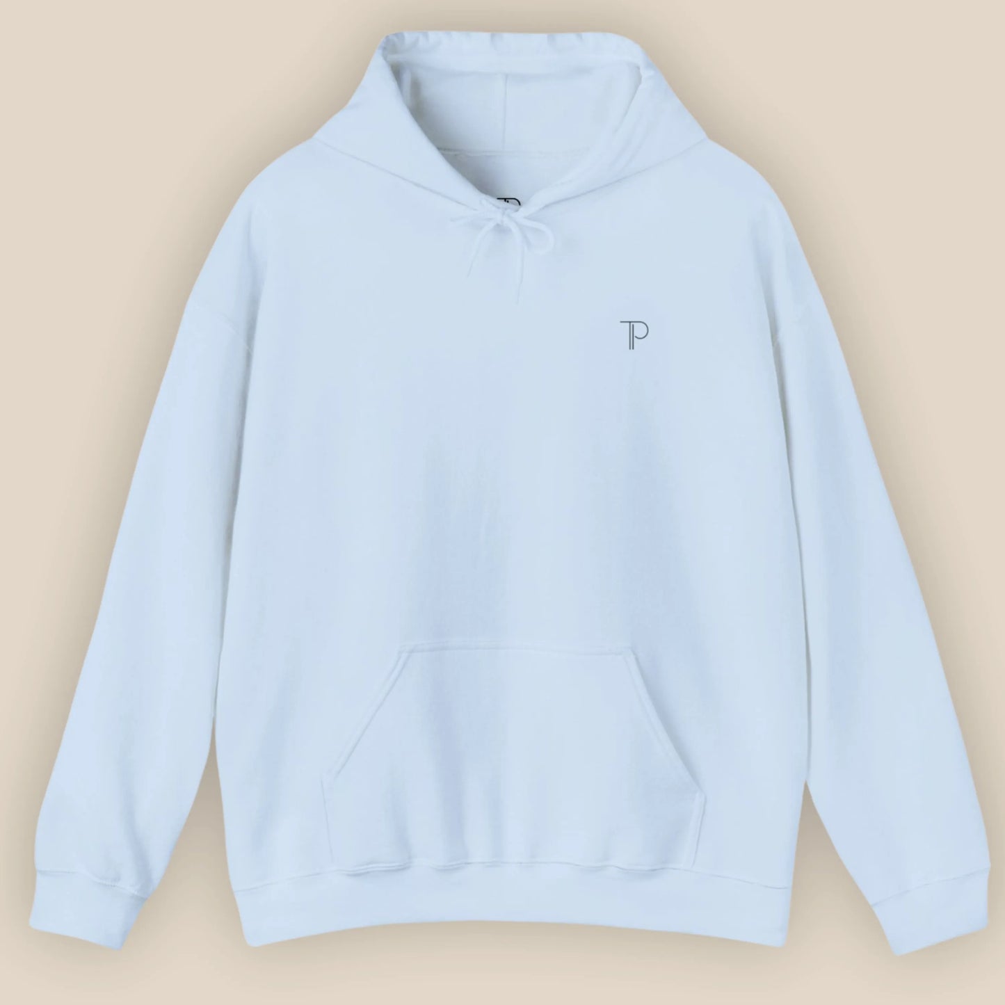 Flat lay of Know Thyself DTG printed hoodie in light blue showing the main chest design