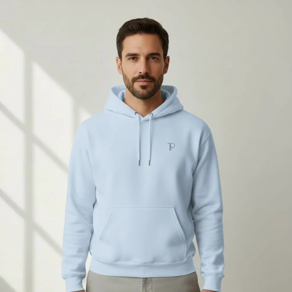 TP:HERO Model wearing light blue Know Thyself Ancient Revival DTG hoodie showing main front chest print