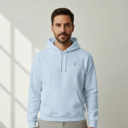 TP:HERO Model wearing light blue Know Thyself Ancient Revival DTG hoodie showing main front chest print